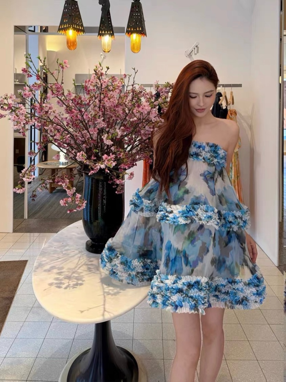 Designer-style Strapless Blue Floral Ruffle Mini Dress